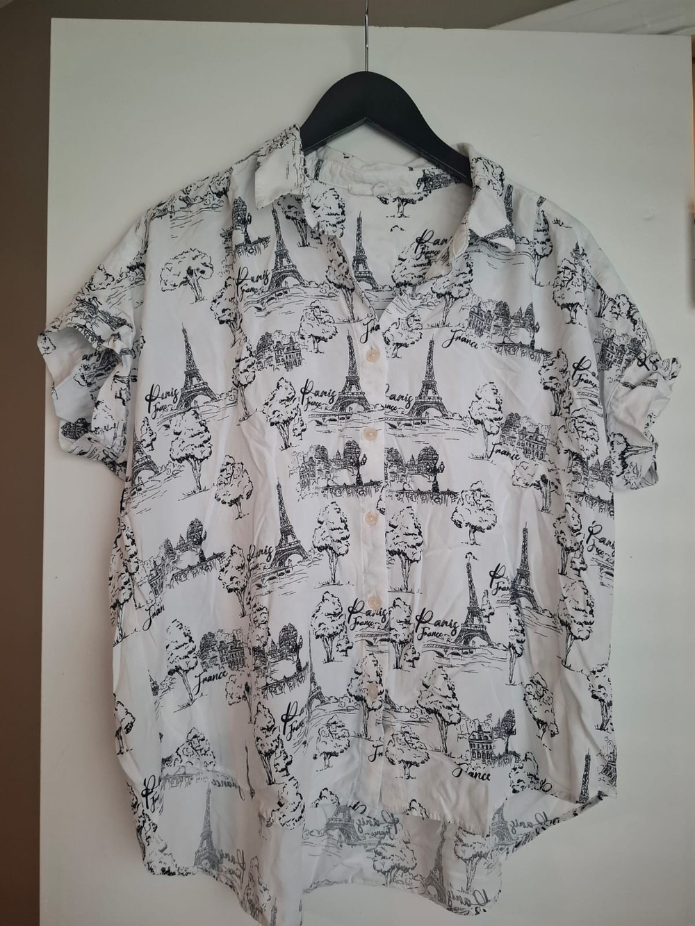 Paris Print Short Sleeve Shirt - White/Black Size L Casual Top